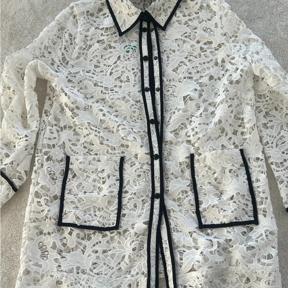Ming Wang Sz S magnificent openwork white/black trim lace jacket Heritage lovely - Picture 4 of 15